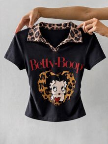 Attitoon Betty Boop x SHEIN 女款聯名印花圖案T恤，適合外出、街頭風、機場穿搭、時尚、返校、Y2K、派對、海灘度假、假期 - 彩色 - 查看 7