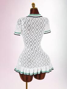 Amplova Women's Knit Sexy Avant-Garde Back To School Style Short Sleeve Dress With Collar And Lace Hem - White - View 3