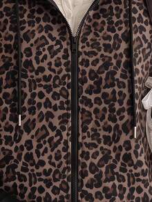 SHEIN EZwear 經典棕色豹紋拉鍊連帽衛衣，棕色調，秋季休閒街頭風，Y2K復古風格，適合日常穿著與度假 - 彩色 - 查看 5