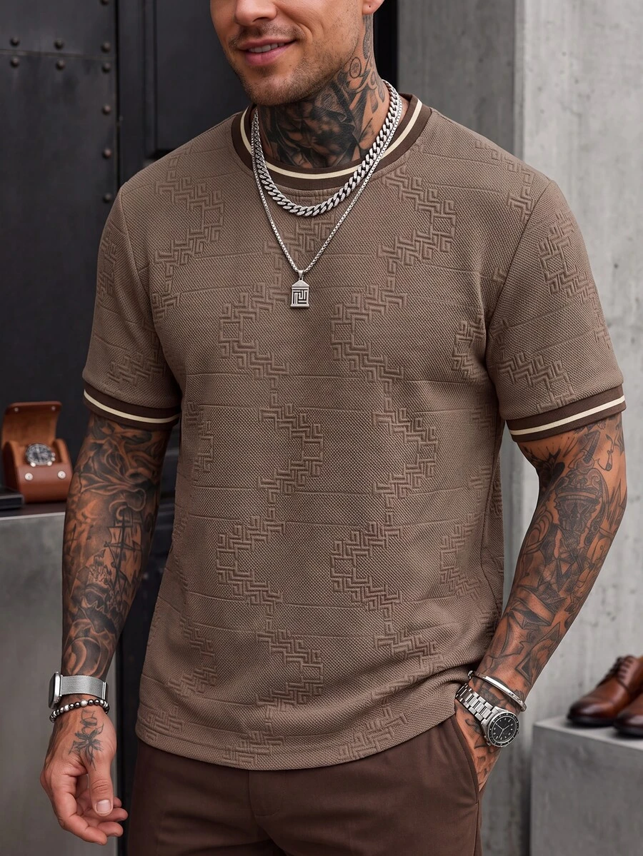 Manfinity Homme Men's Knitted Jacquard Solid Color Textured Collar & Cuff Ribbed T-Shirt - Mocha Brown - View 1