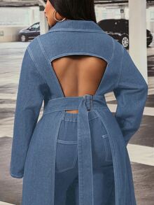 Slaydiva Plus Size Women Non-Stretch Denim Long Jacket With Hollow Back Design, Cowboy Outfits For Women - Medium Wash - View 2