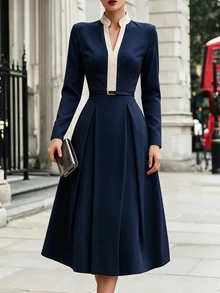 SHEIN Franclia Navy Blue Colorblock Notch V-Neck Long Sleeve Elegant Waist-Cinching Dress - Navy Blue - View 3