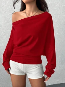 SHEIN EZwear 女款純色百褶不對稱領長袖連帽衛衣，畢業季/返校穿搭，畢業禮服，女教師服裝，秋冬返校 - 紅色 - 查看 4