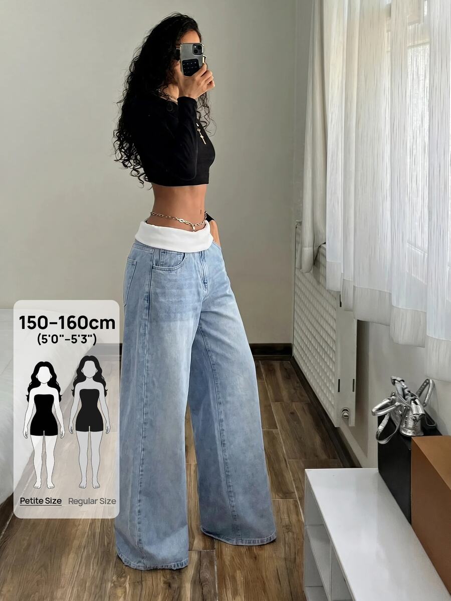 SHEIN PETITE Women's Folded Waist Wide Leg Loose Casual Denim Jeans - Blue - View 1