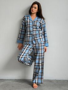 DAZY Women's Plaid Long Sleeve Top And Pants Casual Daily Home Pajama Set - Blue - View 6