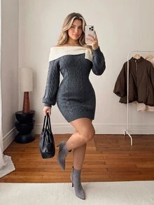 Vionelle Plus Size Colorblock Cold Shoulder Bow Decor Cable Knit Long Sleeve Short Knit Dress, Autumn/Winter - Grey - View 1