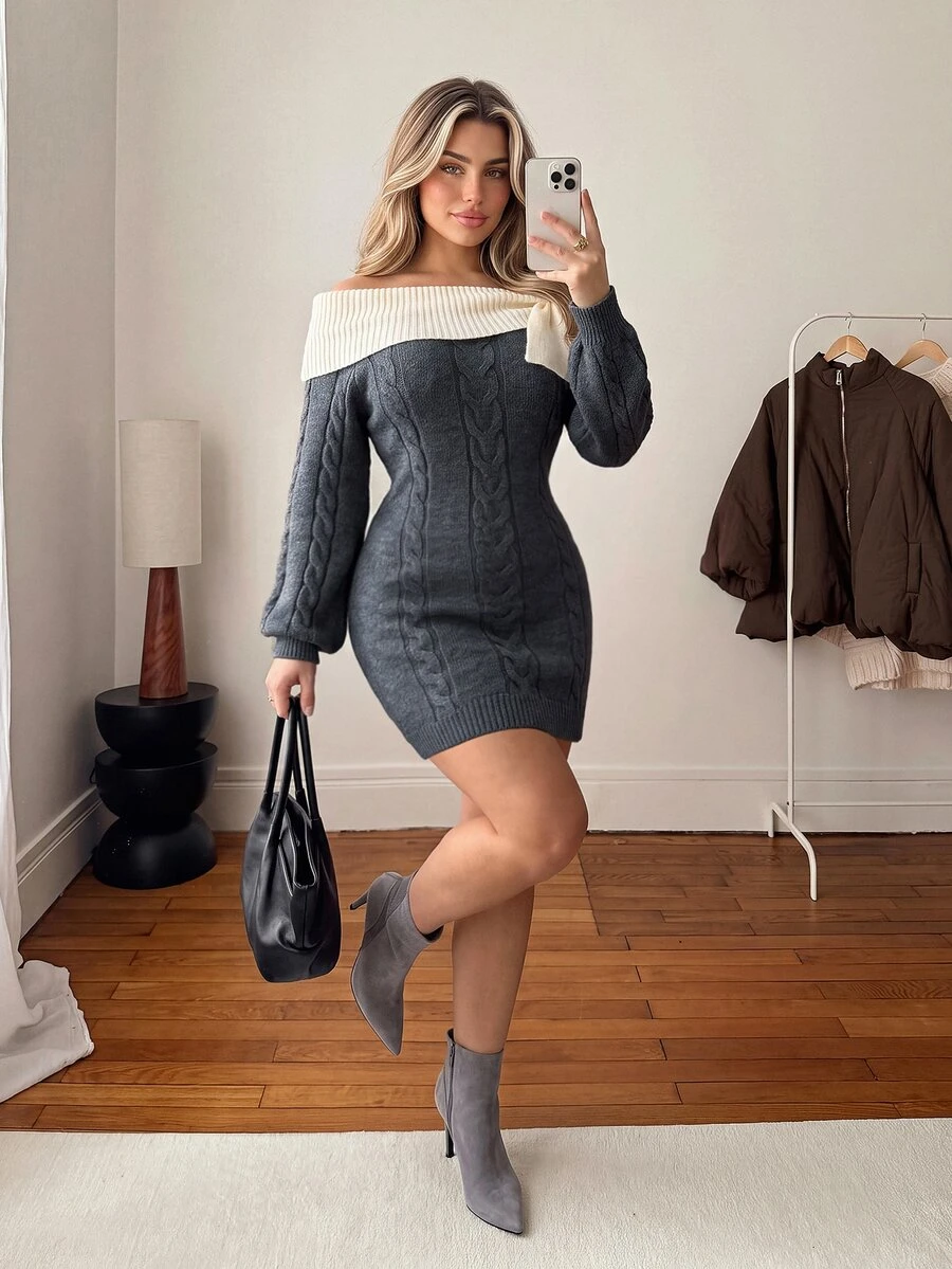 Vionelle Plus Size Colorblock Cold Shoulder Bow Decor Cable Knit Long Sleeve Short Knit Dress, Autumn/Winter - Grey - View 1