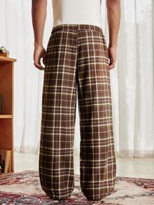 SWAVVY Men's Plaid Drawstring Waist Wide Leg Loose Fit Long Pants - Coffee Brown - View 3