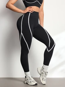Easithlete Easithlete Women's High Waist Seamless Vertical Stripe Yoga Pants - Black and White - View 2