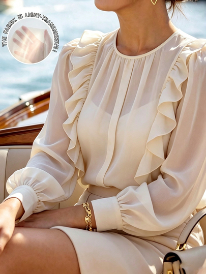 GlowEve CURVE Women's Plus Size Elegant Solid Color Chiffon Sleeveless Round Neck Blouse, Side French Ruffle Chiffon Blouse, Lightweight Lantern Sleeve Top, Pleated Flowy, Versatile Lightweight Blouse For Commuting, Vacation, Beach, Casual, And Office Wear