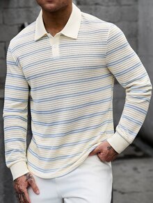 Manfinity CasualCool 男士藍白條紋針織半拉鍊網格紋理長袖 Polo 衫，休閒夏季度假針織鉤編上衣，復古富貴風 - 彩色 - 查看 4