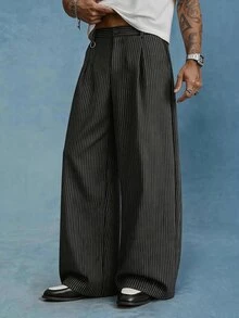 PAVTROS Men's Plus Size Black Striped Loose Casual Versatile Wide Leg Pants - Black - View 3