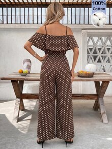SHEIN Clasi Women's Polka Dot Cold Shoulder Fashion Jumpsuit For Vacation - Coffee Brown - View 2