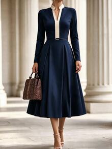 SHEIN Franclia Navy Blue Colorblock Notch V-Neck Long Sleeve Elegant Waist-Cinching Dress - Navy Blue - View 5