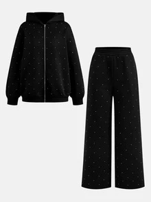 SHEIN 兒童青少年女孩秋冬加厚時尚休閒重工水鑽裝飾連帽全開襟長袖寬鬆外套與鬆緊腰直筒寬鬆運動長褲 2件套，適合日常穿搭與開學造型 - 黑色 - 查看 3