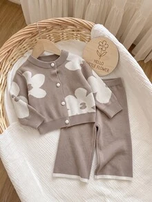 SHEIN Baby Girl Floral Pattern Long Sleeve Top And Pants Knit Set - Khaki - View 3