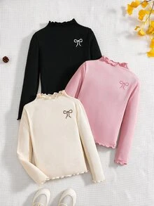 Tween Girl 3pcs Casual All-Match Versatile Solid Color Ribbed Lettuce Trim Mock Neck Tee - Multicolor - View 5