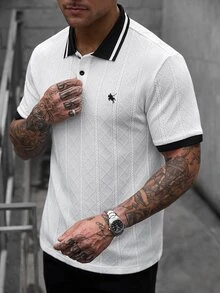 Manfinity CasualCool 男士白色提花針織 Polo 衫，標準版型對比領刺繡短袖 Polo 衫，學院風休閒商務休閒男士日常辦公上衣 - 白色 - 查看 3