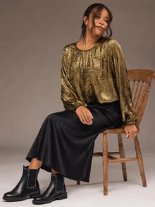 Freevana Gold Metallic Smocked Hem Blouse With Balloon Sleeves And Gathered Crew Neck, Shimmery Party Top - Gold - View 4