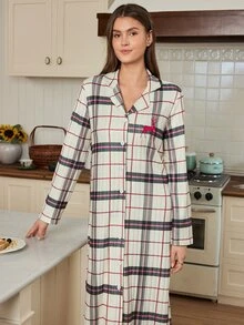 Doze Lane Ribbed Plaid Holiday Women's Robe With Deer Embroidery Loungewear Long Robe - Apricot - View 4