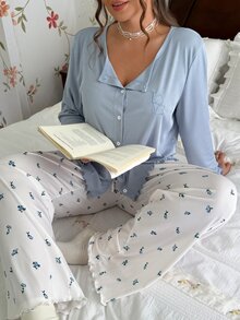 CottageSlumber Romantic Small Ditsy Floral Fine Ribbed Open Front LOVE Letter Embroidery Plus Size Long Sleeve Pajama Set - Blue - View 1