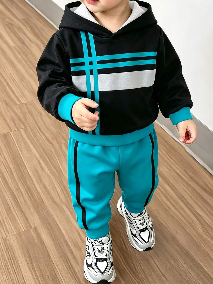 Genkimix Kids 2件組男孩休閒運動學院街頭風條紋酷圖案圓領衛衣+長褲,適合日常穿著、上學、旅行、運動,春秋/秋冬款,簡約設計,舒適時尚,實用且有型的男孩衣櫥選擇 - 綠色 - 查看 1