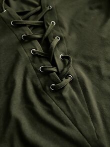Rustia Plus Size Minimalist Sexy Style Eyelet Lace-Up Decor Long Sleeve T-Shirt - Army Green - View 3