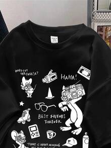 TOM & JERRY X SHEIN SHEIN EZwear 大尺碼卡通圖案印花圓領短袖T恤，返校街頭休閒風 - 黑色 - 查看 3