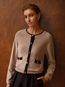 MOTF PREMIUM WOMEN'S COLORBLOCK LONG SLEEVE SINGLE-BREASTED CASUAL KNIT CARDIGAN - Khaki - View 7