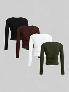 SHEIN EZwear 多色針織女款修身T恤 - 軍綠色 - 查看 2