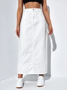 SHEIN EZwear 女款高腰長款休閒牛仔裙 - 白色 - 查看 4