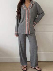 DAZY 2pcs Lace Patchwork Cardigan Long Sleeve Straight Leg Long Pajama Pants Women's Sleepwear Set - Grey - View 8