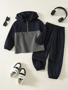 SHEIN 2件裝兒童小男孩休閒日常百搭舒適拼接連帽半拉鍊套頭寬鬆長袖外套 - 彩色 - 查看 3
