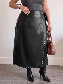 Slaydiva Plus Size Wrap Front Tie Maxi Skirt, High Waist Split Long Skirt With Side Pocket, Elegant Curvy Daily Bottoms Fall - Black - View 7