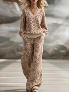 LUMIGAL Women's Leopard Print V-Neck Long Sleeve Sweater And Knit Pants Casual 2 Pieces Set - Multicolor - View 2