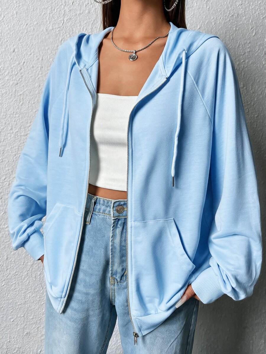 SHEIN EZwear 拉鍊式插肩袖抽繩連帽衛衣,秋冬長袖上衣 - 淺藍色 - 查看 1