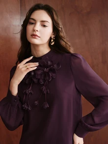 Anewsta Women's New Purple Autumn/Winter Elegant Stand Collar 3D Floral Ruffle Pleated Skirt 2 Pieces Set, Suitable For Commute, Vacation, Gathering, Party - Purple - View 5
