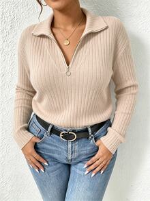 INAWLY Women's Plus Size New French Style Zipper Front Dropped Shoulder Textured Fabric T-Shirt, Winter Casual Spring Top - Apricot - View 5