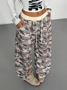 StreetHx Women's Camouflage Print Drawstring Waist Pocket Sweatpants - Apricot - View 2