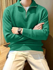 Manfinity Homme 男士極簡百搭羅紋長袖針織衫，適合日常穿著，老錢風情侶套裝 - 綠色 - 查看 1