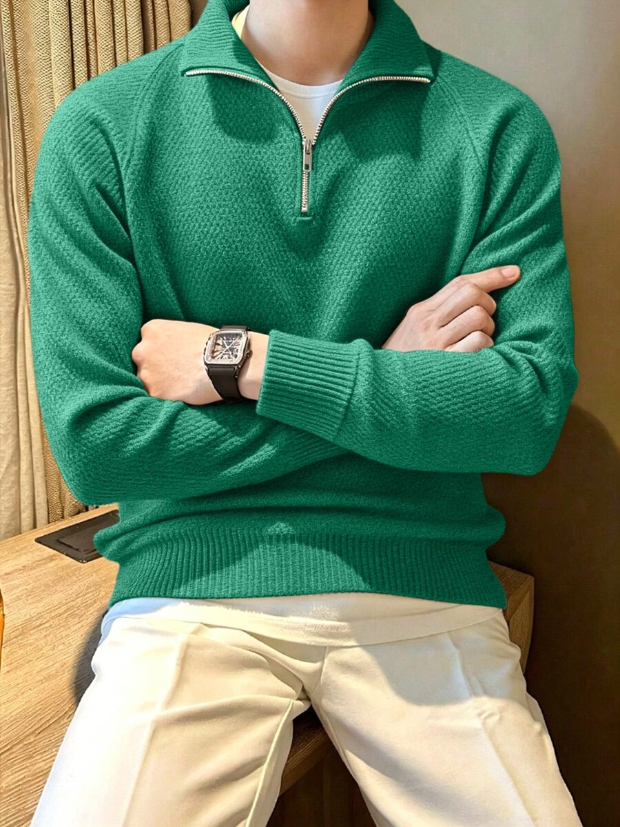 Manfinity Homme 男士極簡百搭羅紋長袖針織衫,適合日常穿著,老錢風情侶套裝 - 綠色 - 查看 1