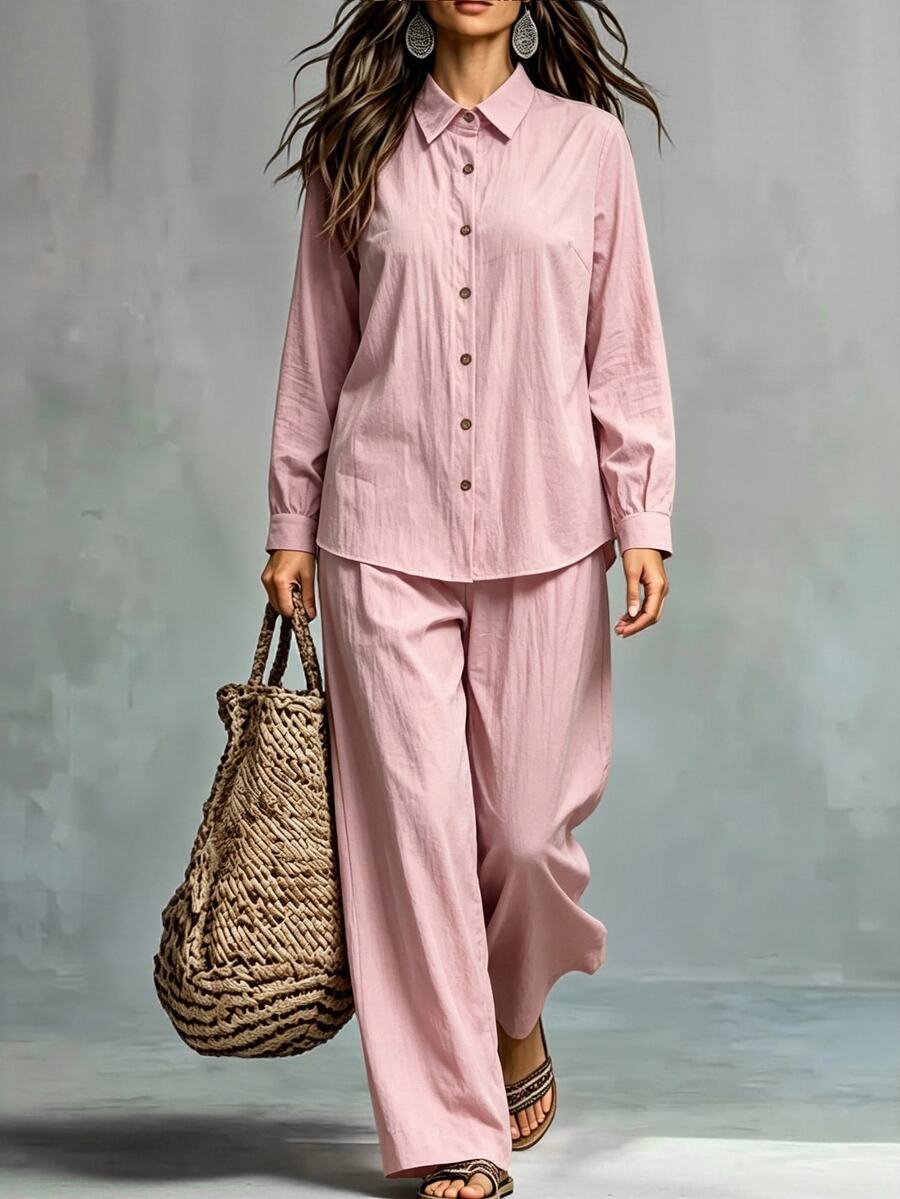 Elenzga Casual Pink Long Sleeve Button-Down Shirt And Pants 2 Pieces Set, Plus Size Women, Spring/Autumn/Winter - Pink - View 1