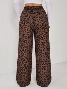 SHEIN EZwear Plus Size Women's Leopard Print Casual Wide Leg Pants With Waist Button Design - Brown - View 2