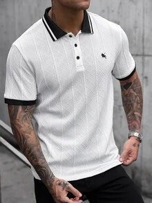 Manfinity CasualCool 男士白色提花針織 Polo 衫，標準版型對比領刺繡短袖 Polo 衫，學院風休閒商務休閒男士日常辦公上衣 - 白色 - 查看 1