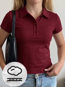 青少年女孩白色純色休閒極簡半拉鍊 Polo 領修身短袖 T 恤 - 紅色 - 查看 6