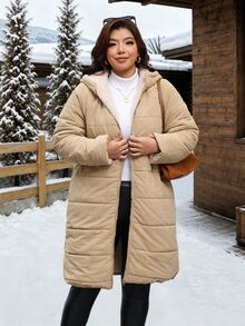 Reflora 大尺碼女款插肩袖長袖前拉鍊連帽保暖內裡冬季外套 - 卡其色 - 查看 6