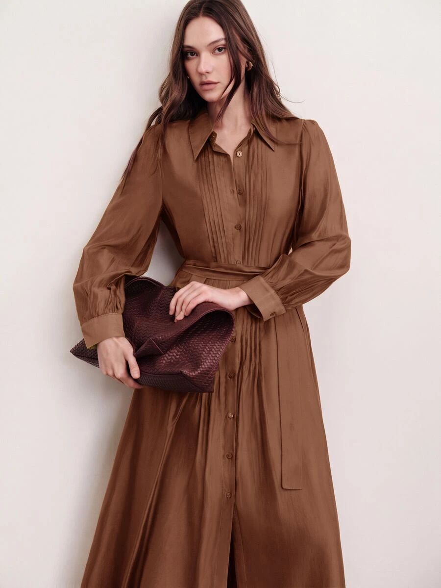 Aveloria Modichic Commuter Design, Belt Waist Decoration, Fashionable Elegant Pleated Quilted Versatile Slimming Long Dress - Brown - View 1