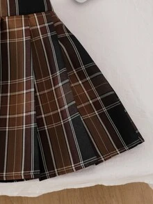 SHEIN 女童時尚寬鬆休閒翻領上衣 2合1設計 + 條紋格紋百搭裙，學院風 - 棕色 - 查看 5