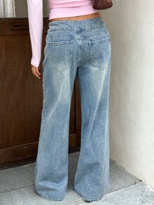 Rivivi Celana Jeans Denim Wanita Kasual Serbaguna untuk Sehari-hari dengan Potongan Lebar - Dark Wash - View 2