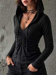LUMIGAL Fall Clothes For Women Black Hooded Deep V Neck Drawstring Ruched Front Slim Long Sleeve Top - Black - View 3